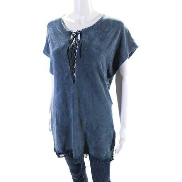 Pluto Women's Round Neck Sleeveless Fringe Lace Up Blouse Blue Size 36 - Picture 2 of 6